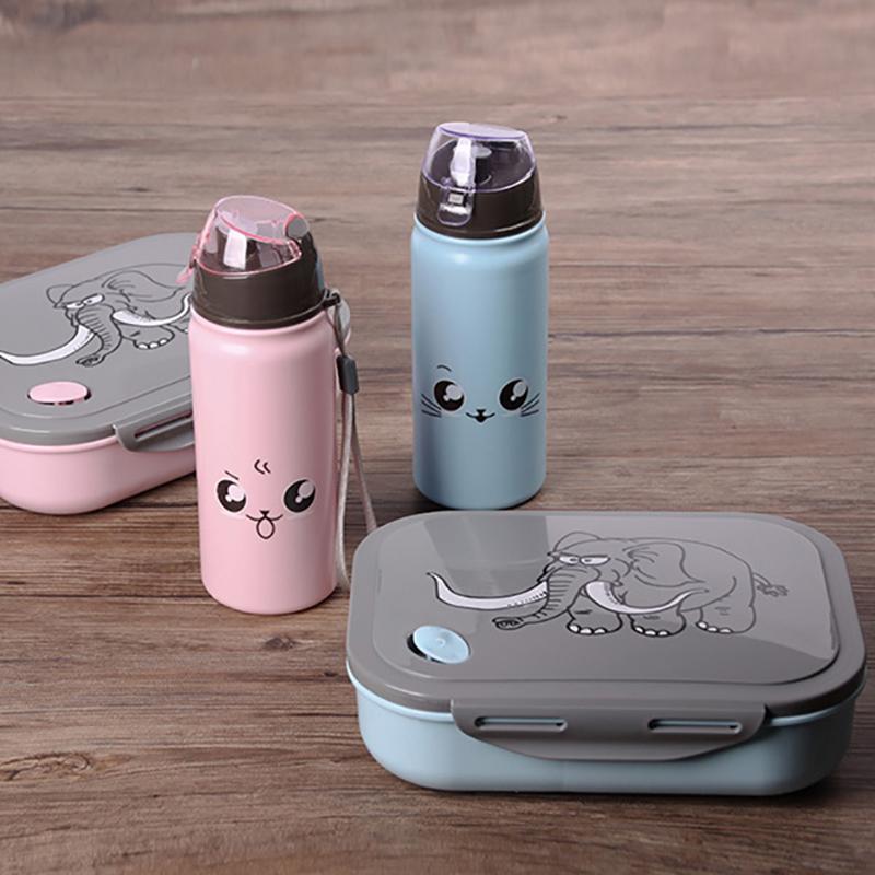 Student Lunch Box Thickened PP Plastic Material Partition Double Layer Lunch Box ,Comes with 400ml kettle set(1pc cup+1pc box)