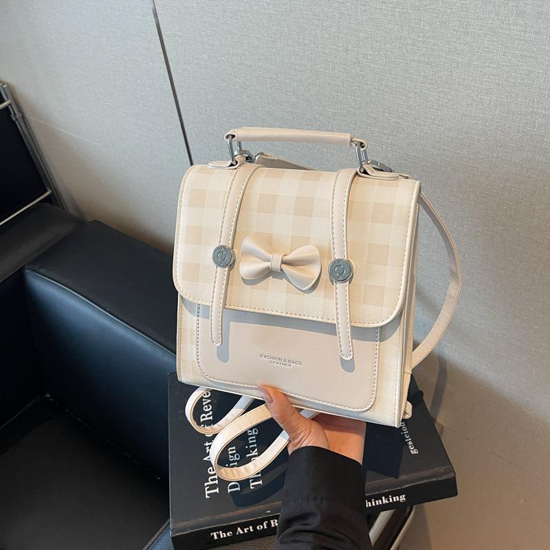 

Little fresh girl plaid bag new niche single shoulder messenger bag multi-purpose double shoulder small backpack бежевый