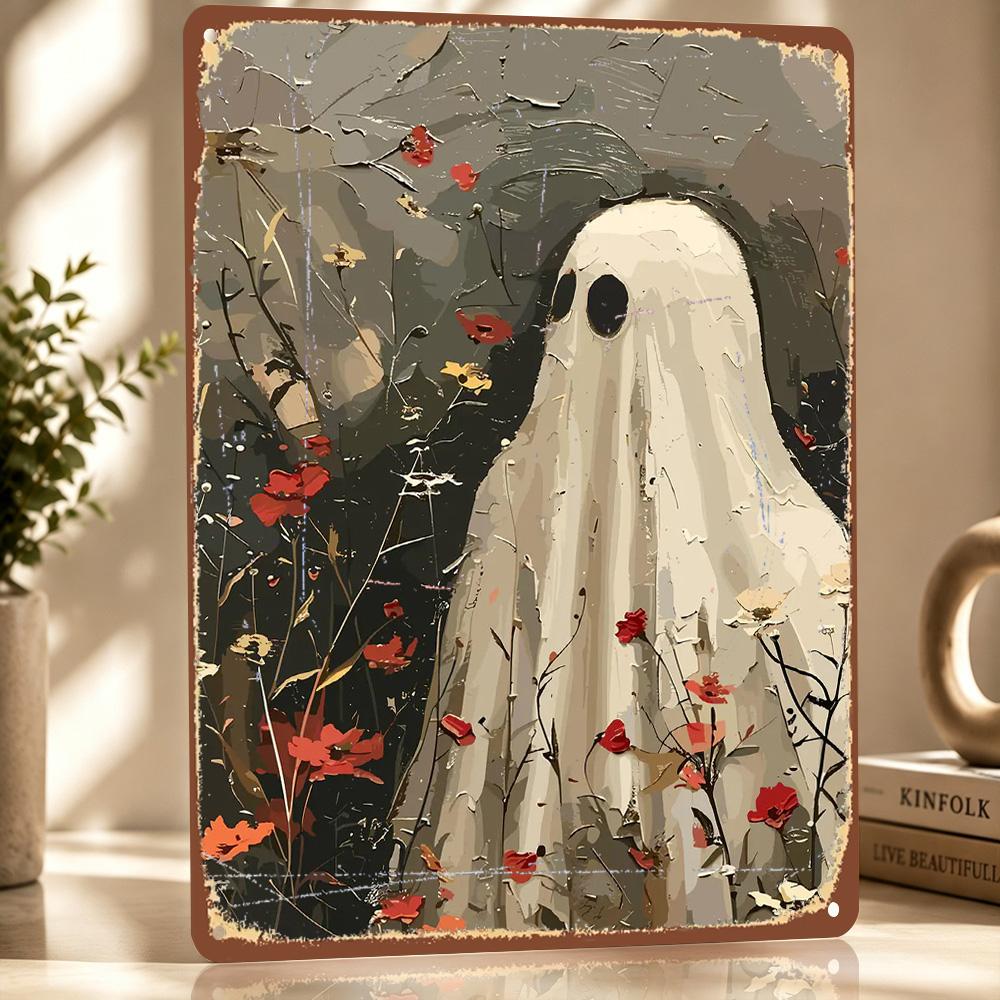 Ghost in a Field of Flowers Poster Retro D Printed Metal Signs Customized Wall Hanging Gift for Modern Home Decoration Luxury