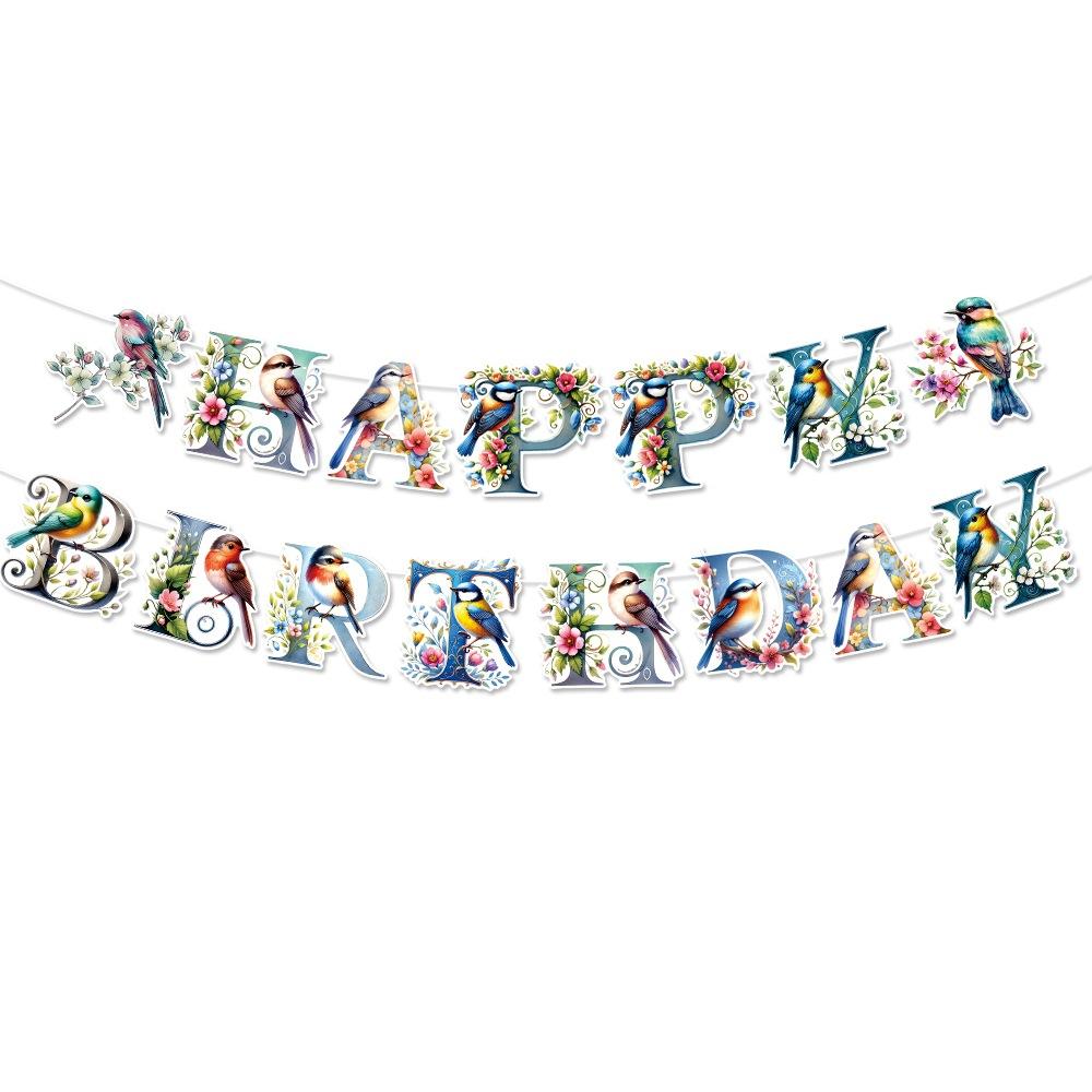 Spring birthday party decoration set, spring flower and bird theme birthday arrangement banner pulling flag spiral