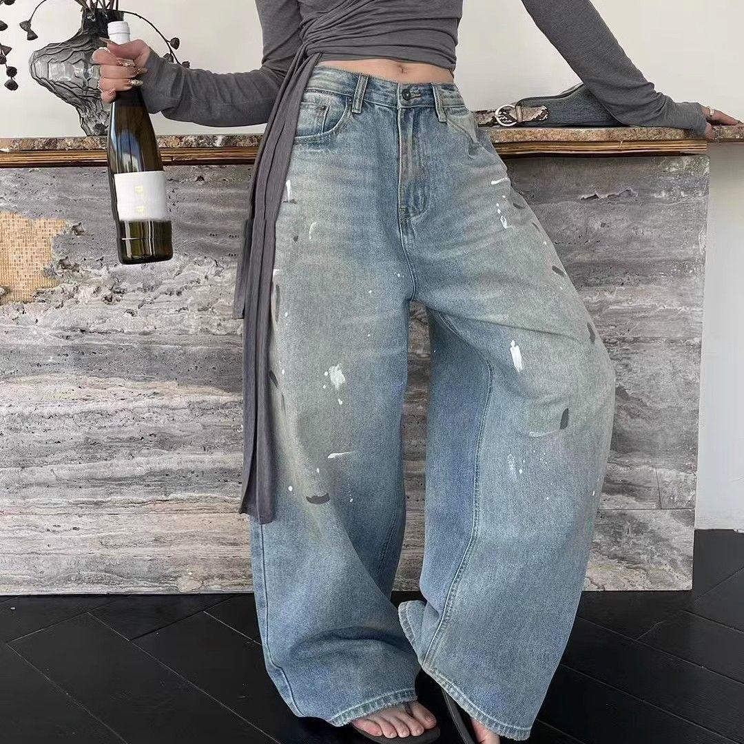 Winter Retro Distressed High-Waist Wide-Leg Slimming Jeans for Women 2XL