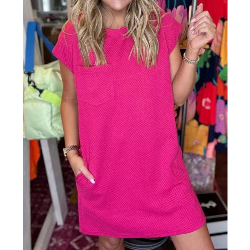 YYFS Moda damska Lato Wiosna Jednolity kolor Drukuj Krótki rękaw O-Neck Luźna talia Casual Sukienki