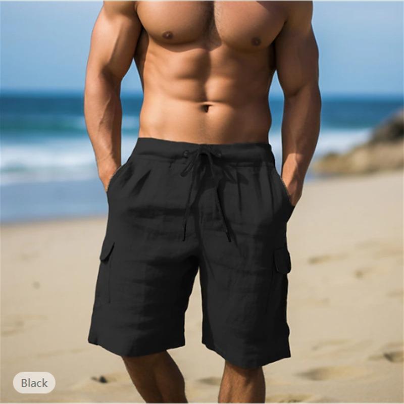 

Хлопково-льняные шорты с эластичным поясом на кулиске, прямые штанины, однотонные, дышащие, повседневные пляжные шорты до колена для мужчин S чёрный