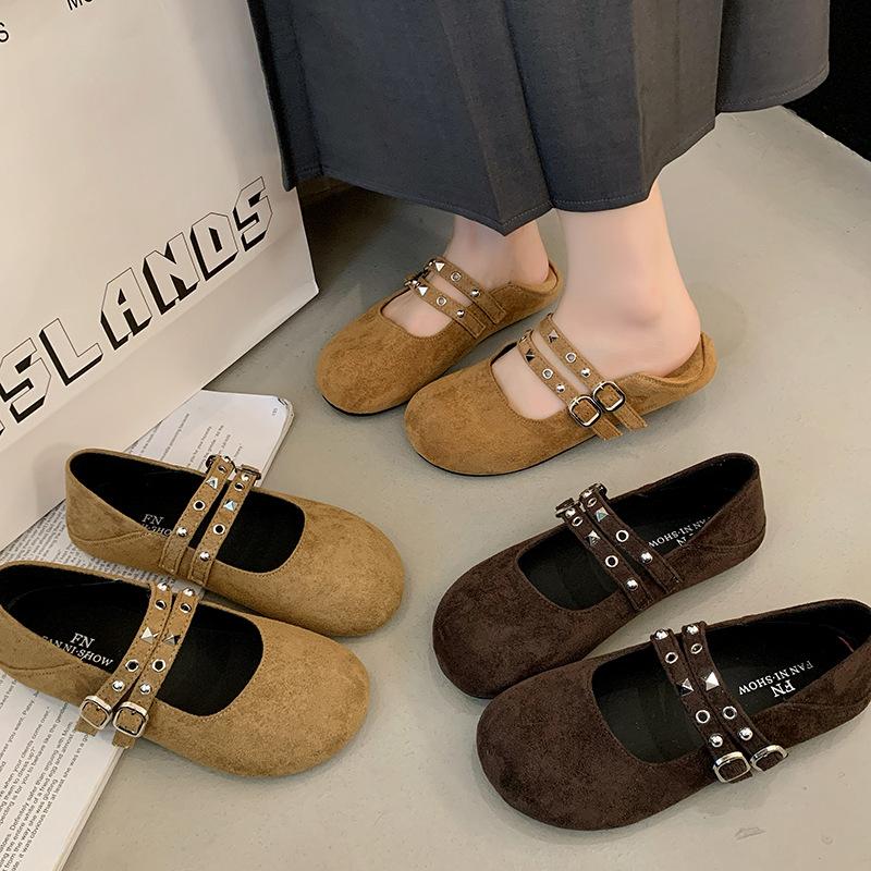 Retro Round Head Double Buckle with Mary Jane Shoes Women's 2025 Spring and Autumn Korean Version of the Style Shallow Mouth Fashion Versatile Sin