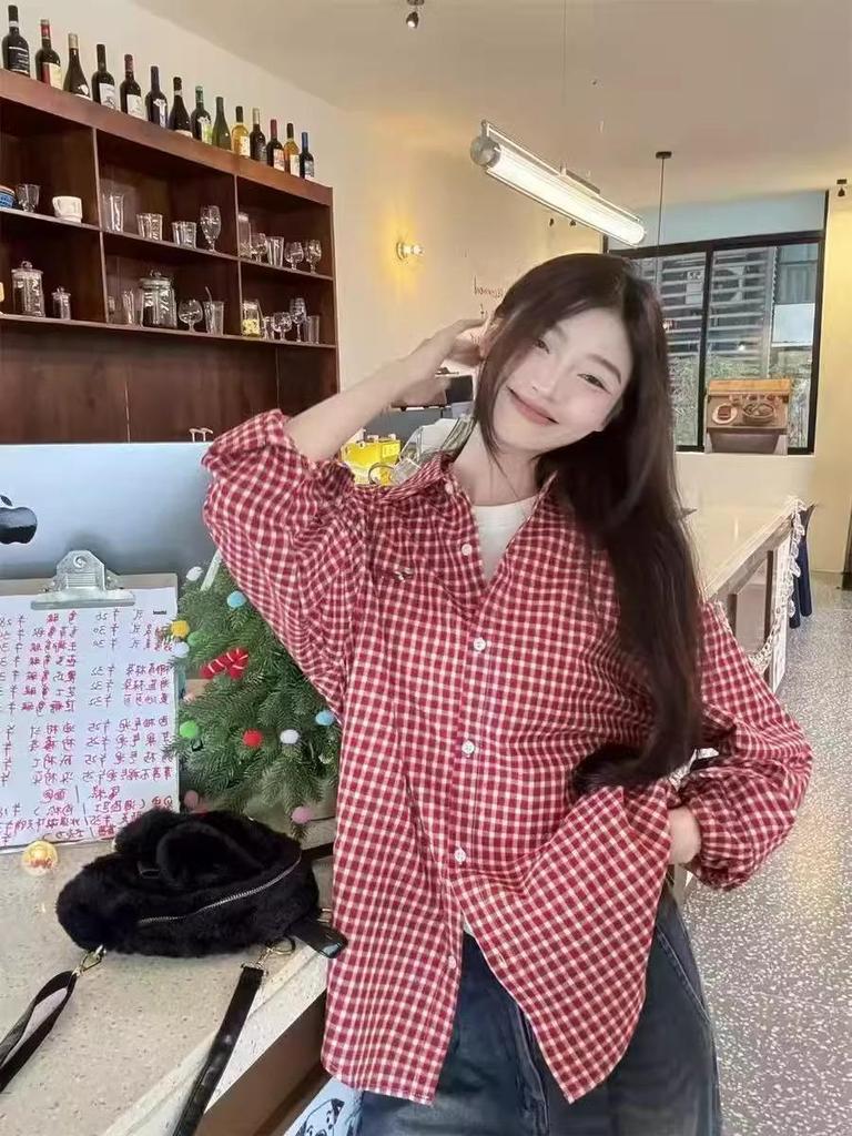 2025 Women's Retro Blue Plaid Shirt Jacket - Loose Fit, Long Sleeve for Spring & Autumn