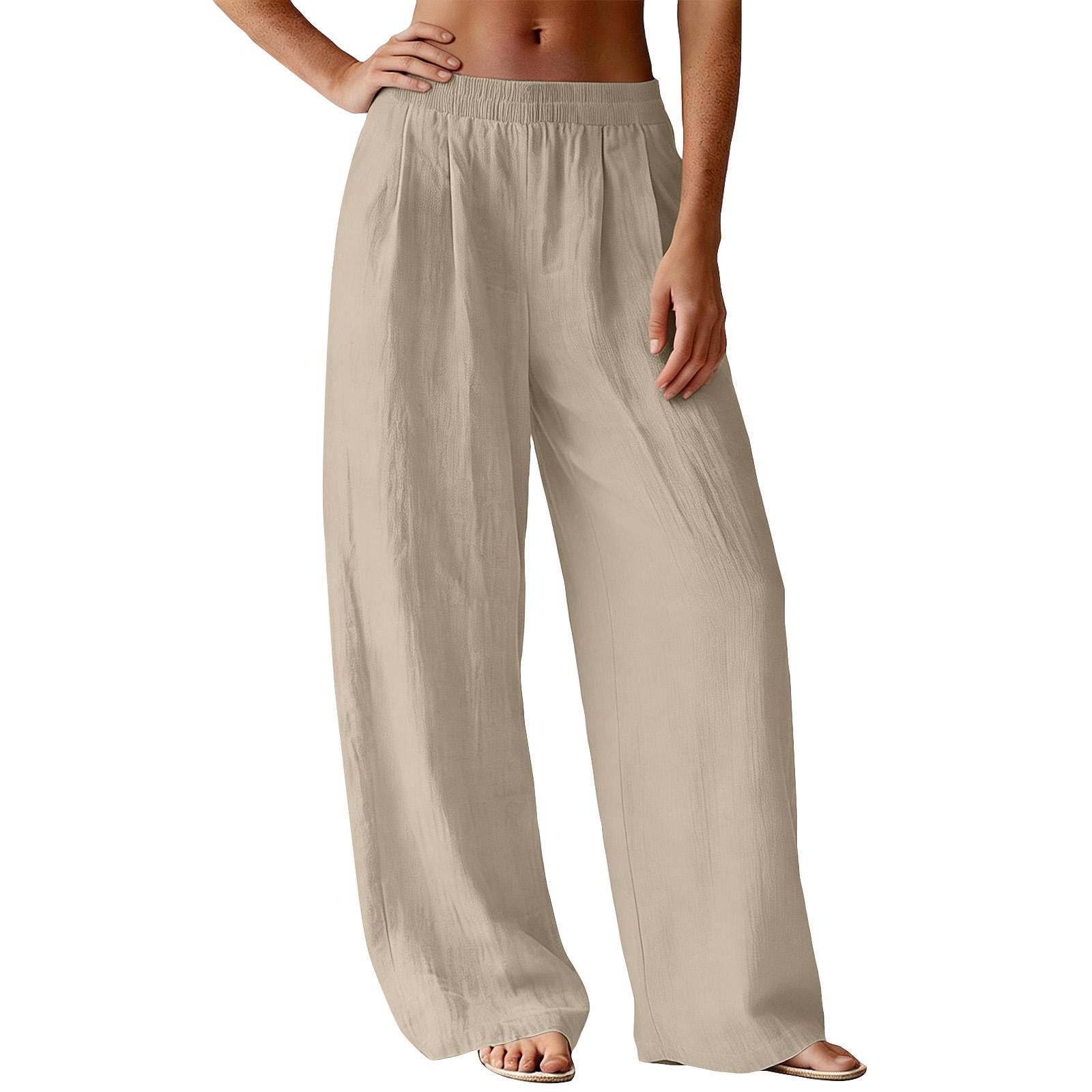 Women s Loose Straight Pants Casual Long Pants with Pockets S бежевый