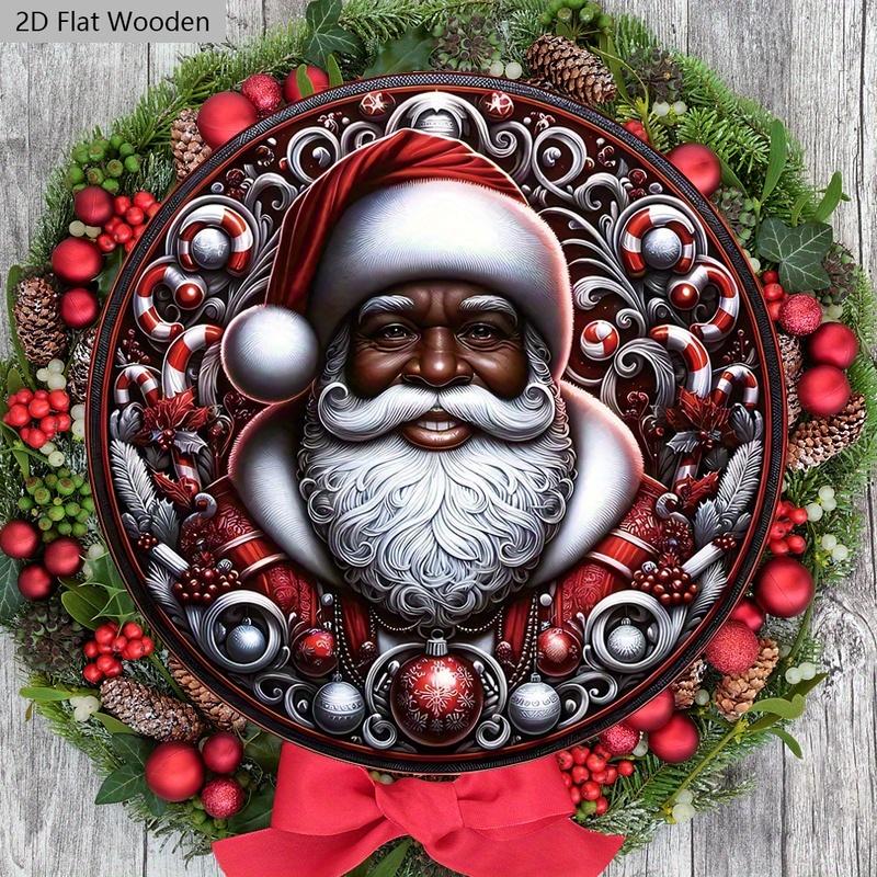 Black Santa Claus Wooden Sign - Navidad Round Sign for Yard Door Wall Hanging Decor - Ideal Christmas Decoration
