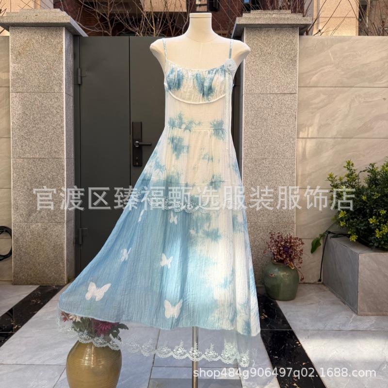 Women s Hand-Dyed Indigo Pleated Lace Maxi Slip Dress One size