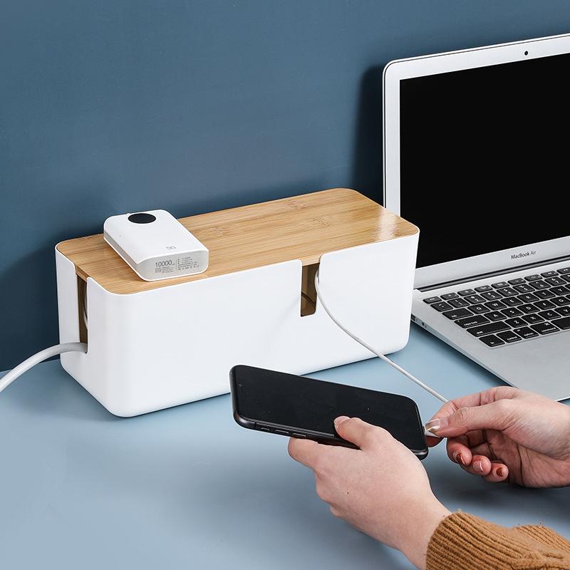 Bamboo Top Power Strip Cover Box - Cable Organizer for Desk, Multi-Outlet Cord Hider Storage Case Desk Organizer