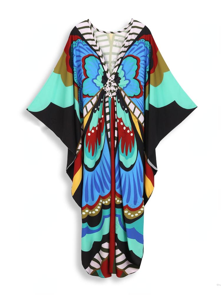 EDOLYNSA Plus Size Kaftan Red Bohemian Printed Summer Long Beach Dress Women Homewear Outfit Swim Suit Cover Up Loose Caftan