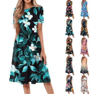 Lockeres, lässiges und modisches Damenkleid mit Rundhalsausschnitt, kurzen Ärmeln und Print in mittlerer Länge