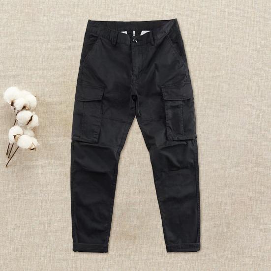 Men Cargo Pants Loose Button Zipper Closure Solid Color High Street Style Straight Leg Pockets Streetwear