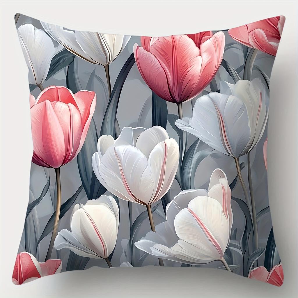 4Pcs Set, Sofa Cushion Cover, Pink And White Tulip Pillowcase, 45X45Cm, Single-Sided Printing, Home Decoration
