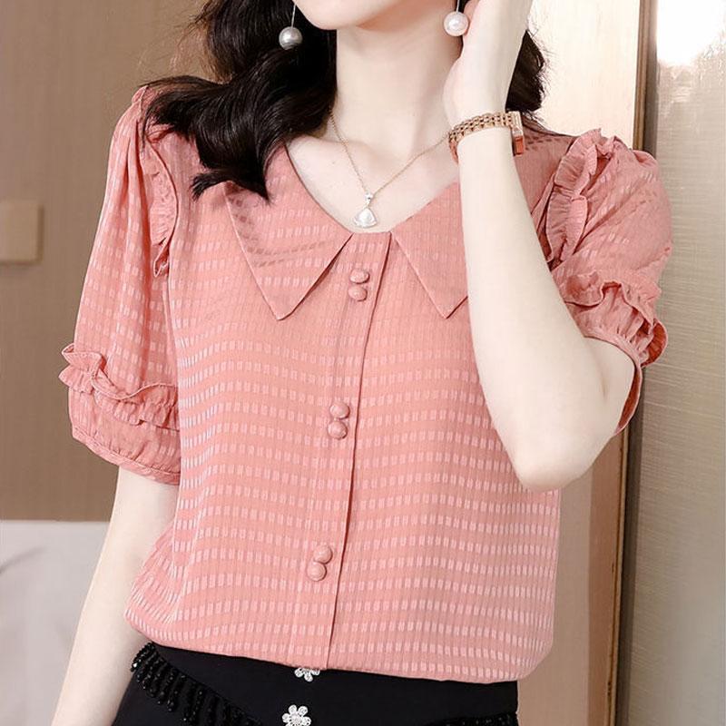 

Sweet Peter Pan Collar Shirt Summer Fashion Ruffles Spliced Women s Clothing Plaid Solid Color Straight Commute Button Blouse L рожевий