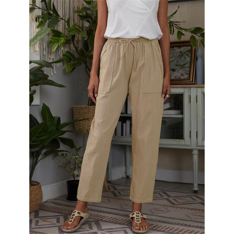 Women Casual Pants Autumn Solid Color Loose Cotton Linen Elastic Waist Big Pockets