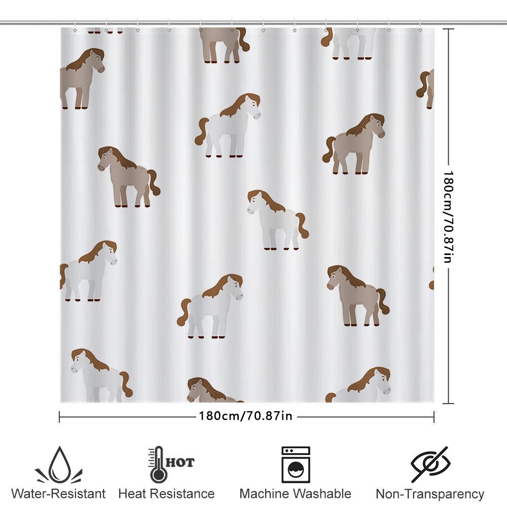 Animal Print Shower Curtain: Horse Design For Bathroom Decor Waterproof Fabric With Hooks Included (White, Brown Horses)
