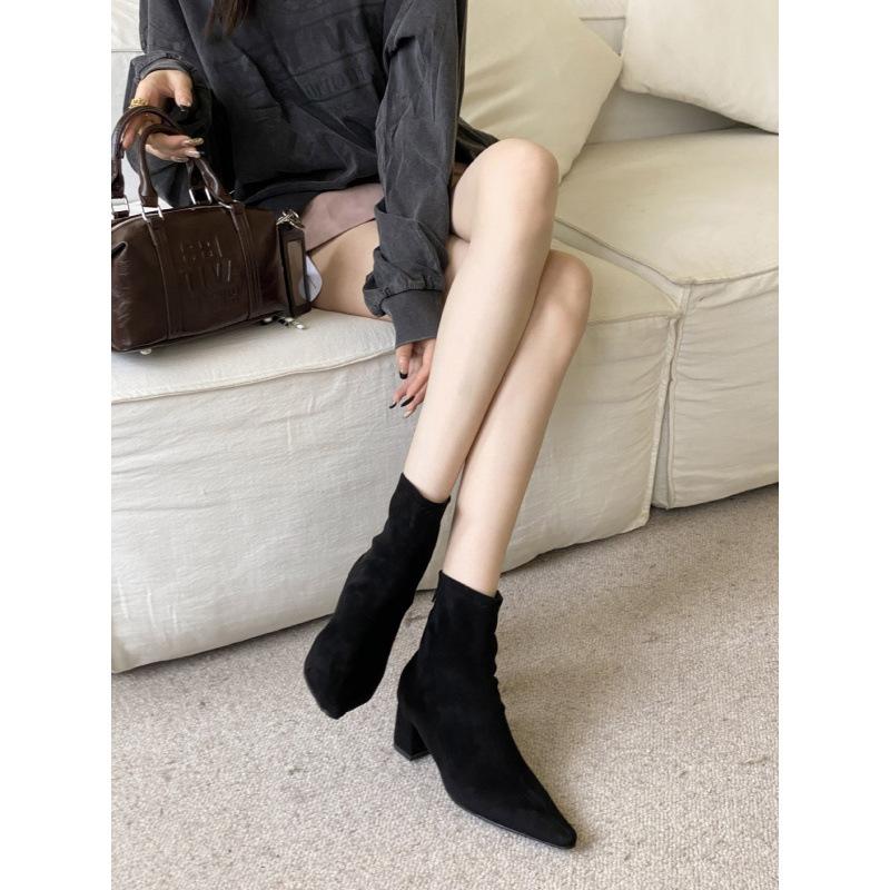 2025 autumn new square head thick heel high heel temperament French fashion suede sexy beautiful women short boots