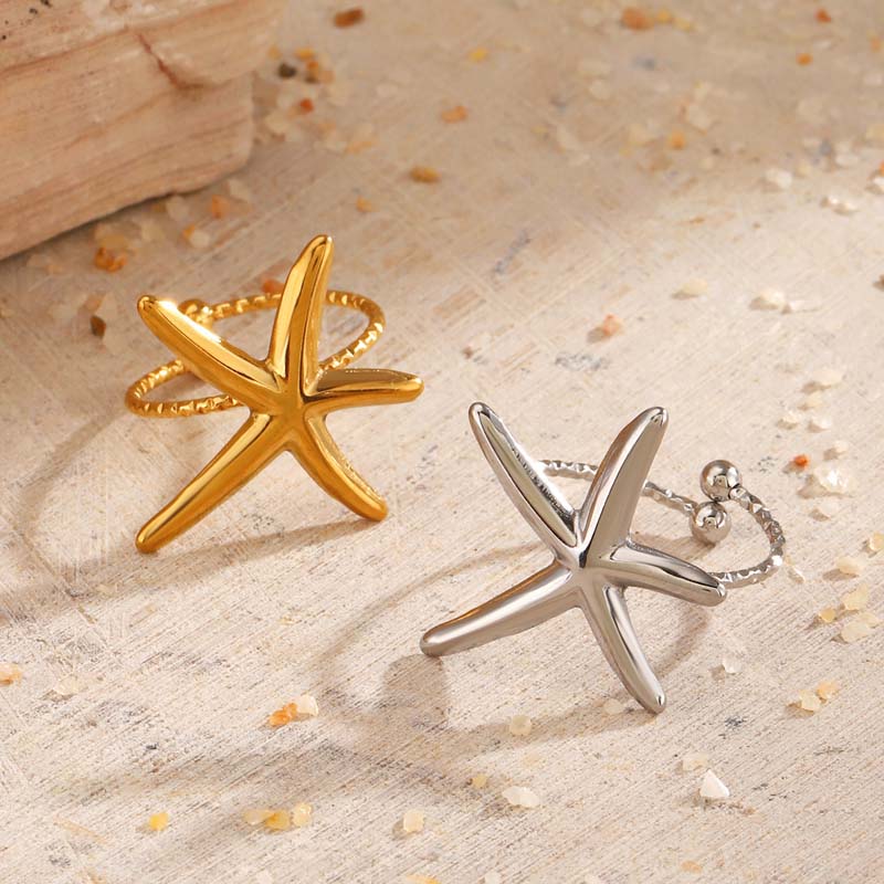 Stainless Steel Gold Color Starfish Open Rings For Men Women Vintage Metal Irregular Star Adjustable Finger Rings Beach Jewelry