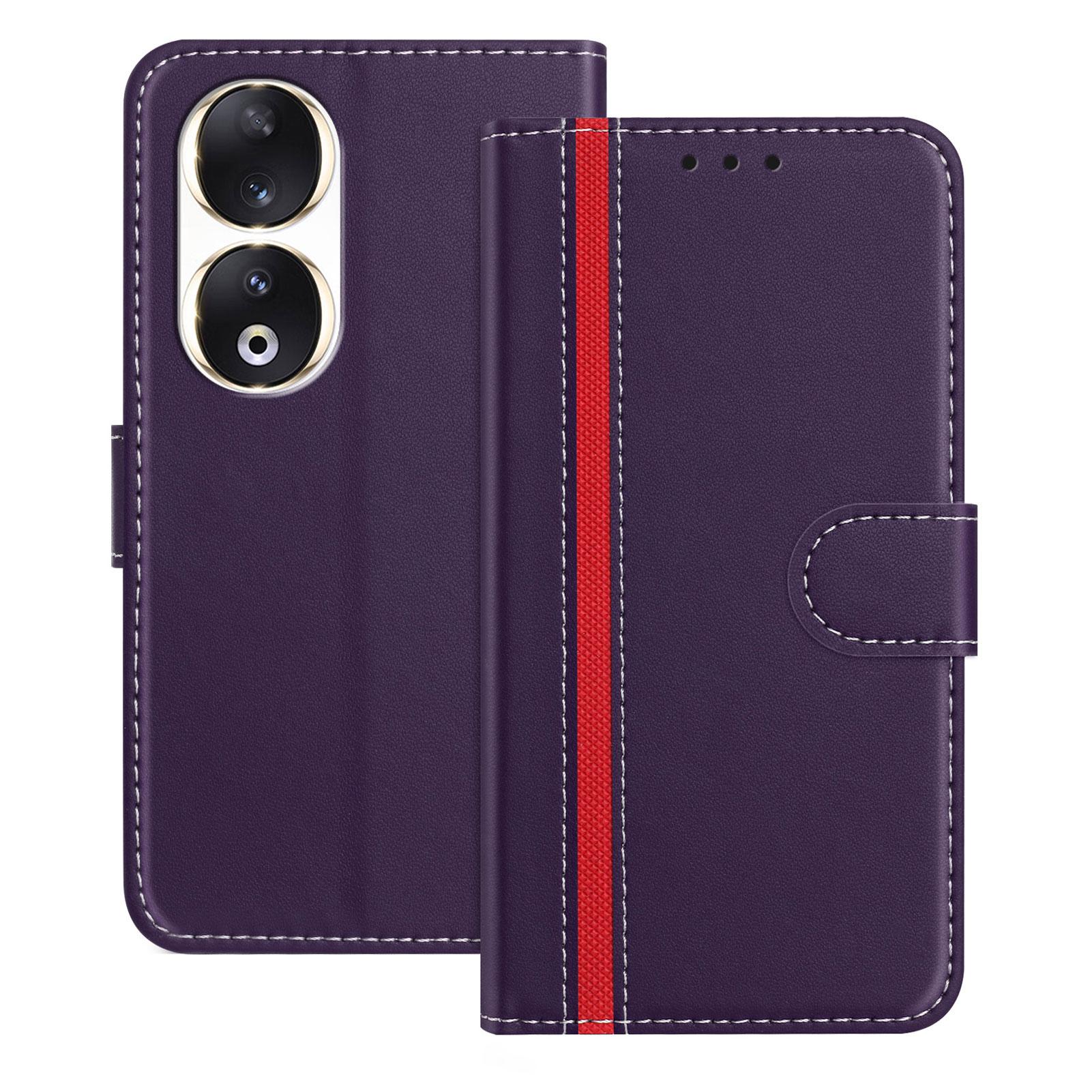 

For Honor 90 Phone Cases Wallet Stand Color Splicing Leather Cover with Magnetic Clasp Purple