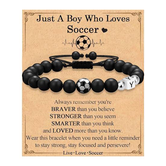 

Football Bracelet for Men Black Matte Beads Bracelet A-Z Letter Adjustable Bracelet with Card Gift for Football Y