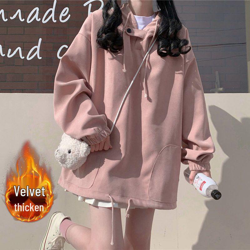 Women's Fleece-Lined Hooded Jacket: Loose Fit, Versatile Long-Sleeve Sweatshirt for 2024 Autumn/Winter, Japanese Student Style, Warm Top