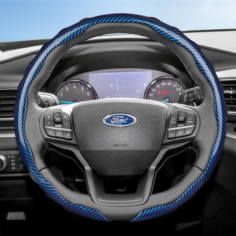 UYEG8 Suitable for Ford Carbon Fiber Texture Steering Wheel Cover with Snap-On Wave-Shaped Sport Design