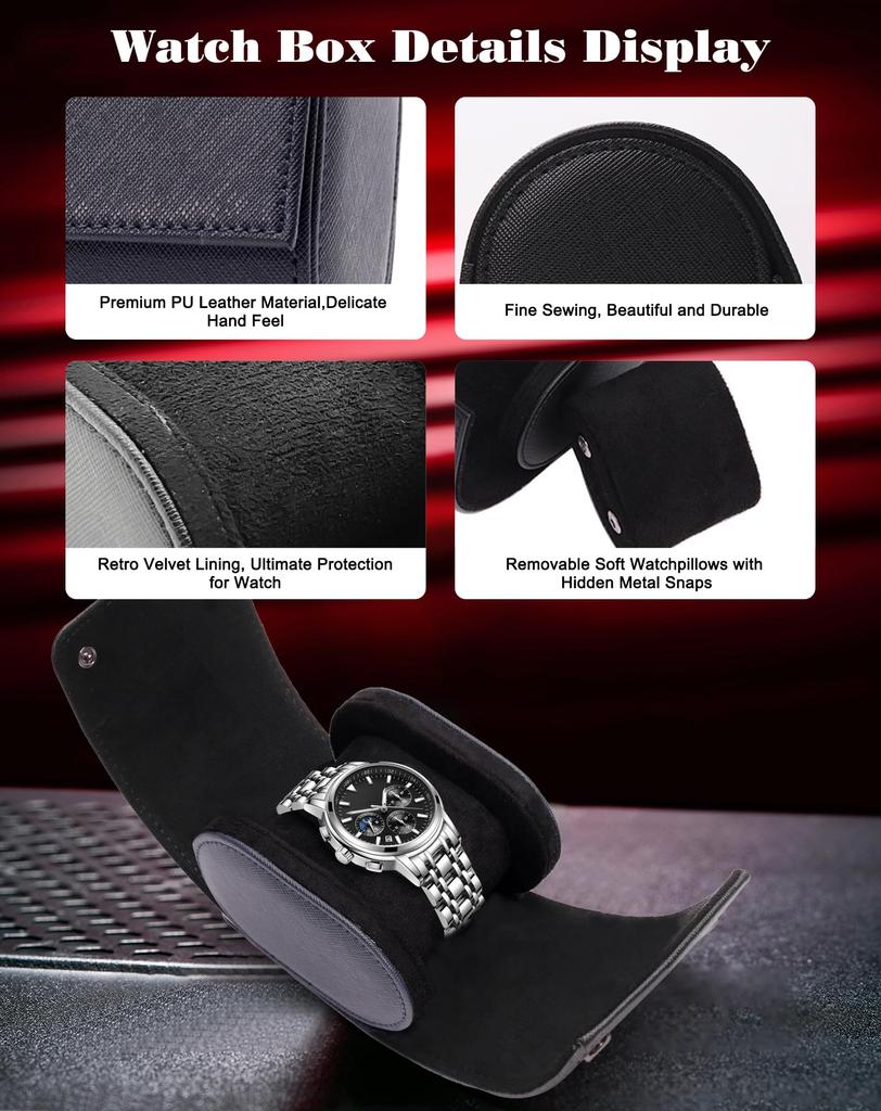 TINGSING Uhrenetui, Einzelne Uhr, Schwarz, PU-Leder Wildleder, Tragbar, Reise, Geschenk, Stilvoll