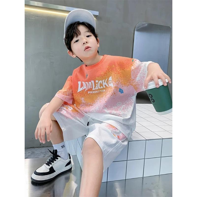 Boys Loose Casual Sets Summer Teen Gradient T-shirts+Shorts 2Pcs Big Kids Sport Short Sleeve Clothes Suits Children Print Outfit