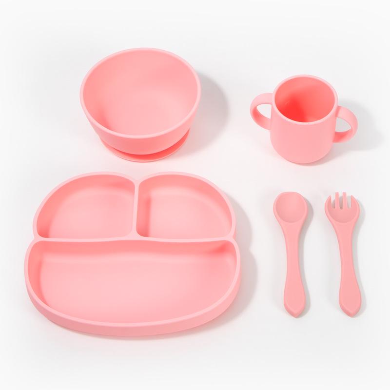 Ensemble de vaisselle pour bébé: Assiette Compartimentée en Silicone, Bavoir, Cuillère, Fourchette, Bol et Ventouse