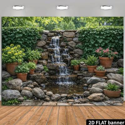 2D Natural Garden Waterfall Backdrop with Potted Plants for Outdoor Decor