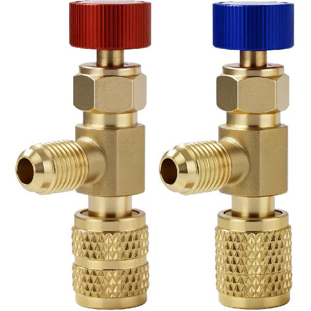 2Pcs Refrigerant Charging Valve Set, 1/4" & 5/16" Safety Adapter Flow Control Ball Valve, Brass Low Loss HVAC Fittings for R12 R22 R410 Air