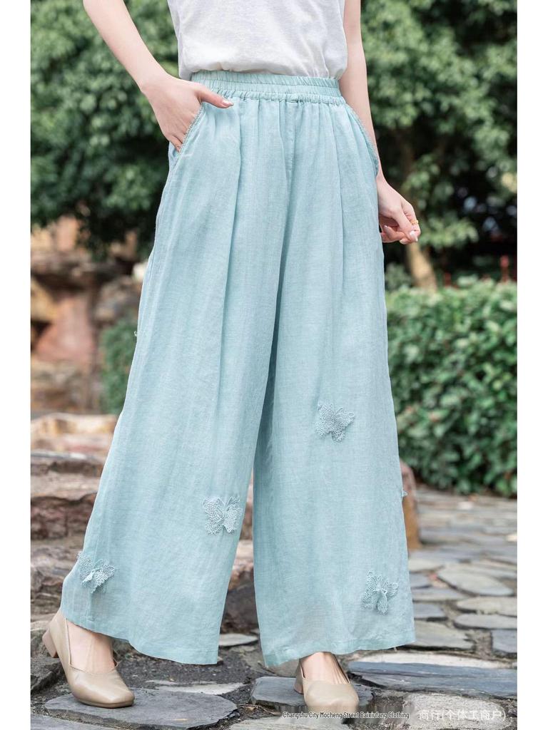 Artistic Retro High-Waisted Embroidered Ramie Pants - Spring 2026 Women's Casual Loose Straight-Leg Style.