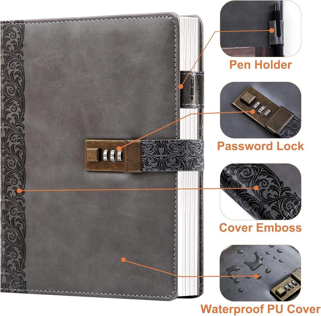 A5 Business Planner with Lock, Antique Style, Loose-Leaf Diary with 6-Ring Lock, Card Storage, High-Quality Waterproof PU Leather, Brown, 230x180mm, P