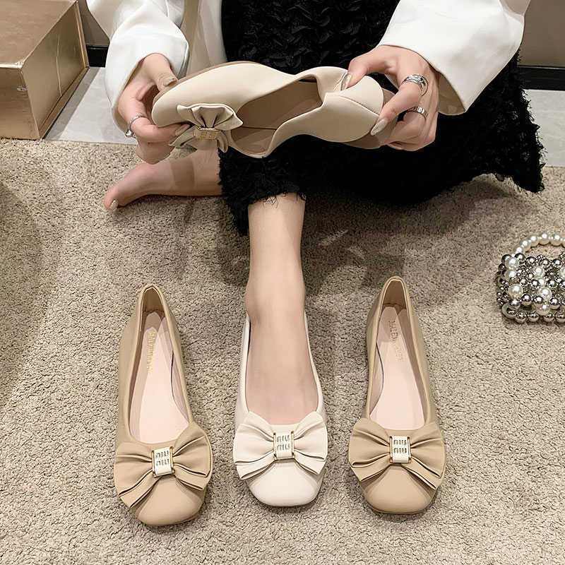 Bow Square Head Single Shoes Women's Shallow Mouth Flat Bottom Ballet Shoes One Pedal Lazy Shoes Spring and Autumn Temperament Small Leather Shoes Wo