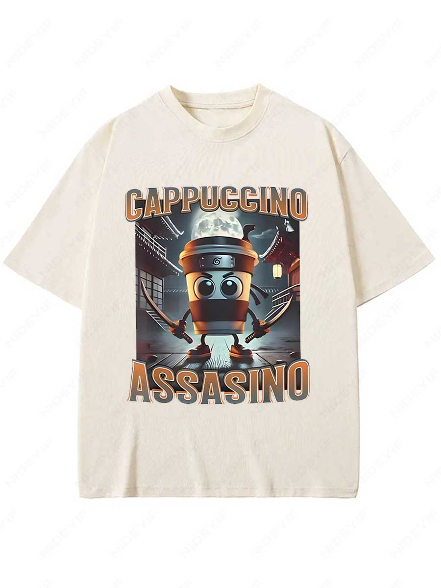 Cappuccino Assasino Italian Brainrot Funny Meme Tshirt Men Women Fashion Vintage Tshirts Male Casual Humor T Shirt H2 S