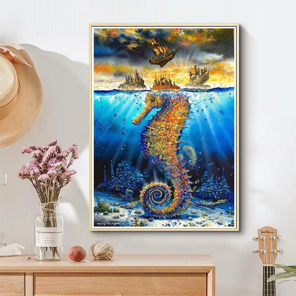 5D DIY Diamond Painting Seahorse Rhinestone Animal Picture Full Diamond Embroidery Cross Stitch Kit Gift Mosaic Home Decoration