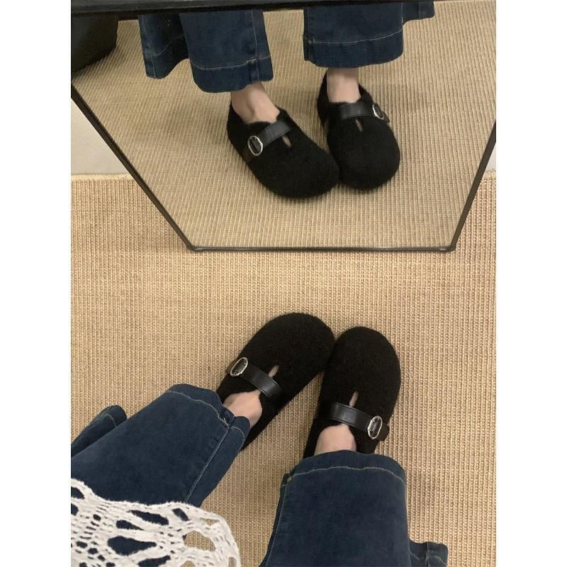 Ugly cute Birkenstock shoes children's velvet cotton shoes autumn and winter Mori round head belt buckle inner height-increasing Doudou shoes