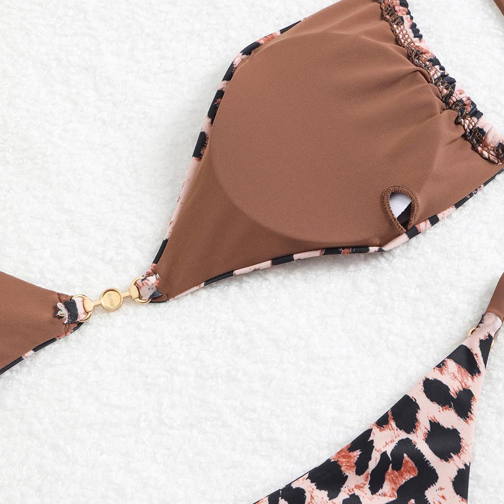 Dámská třídílná sada plavek bikiny s leopardím potiskem pro rok 2025 - Sexy, přiléhavý střih, dělený styl
