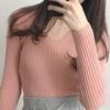Women Tops V-neck Long Sleeve Slim Fit Pullover Sweater Solid Color Ribbed Bottom Sweater Elastic Knitwear