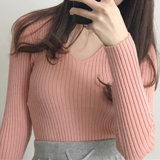 Women Tops V-neck Long Sleeve Slim Fit Pullover Sweater Solid Color Ribbed Bottom Sweater Elastic Knitwear
