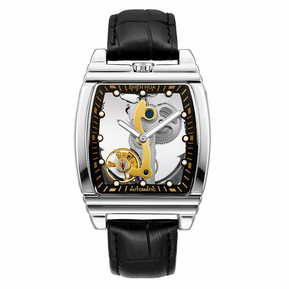 Reloj Mecánico Automático Transparente Hombre Steampunk Esqueleto Engranaje de Lujo Cuerda Automática Cuero Relojes de Hombre Montre Homme