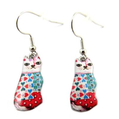 [P7002] - Designer Earrings 'Cats' White Blue Red - 20x10 Mm