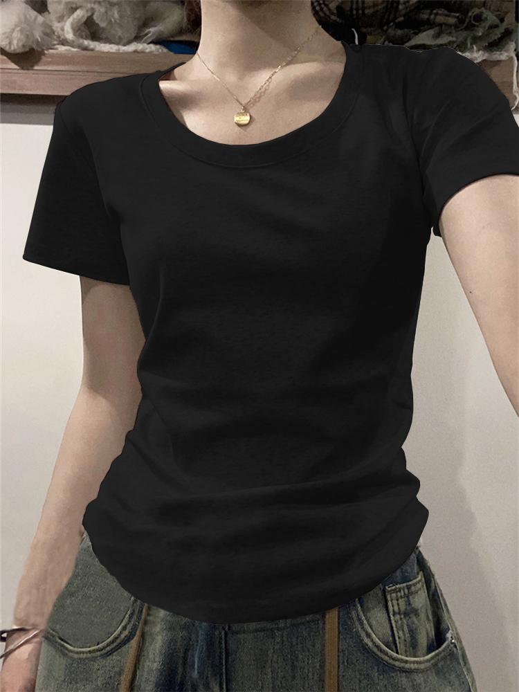 Maglietta a maniche corte slim fit in puro cotone americano High Street da donna, con spalle scoperte, versatile, attillata e corta