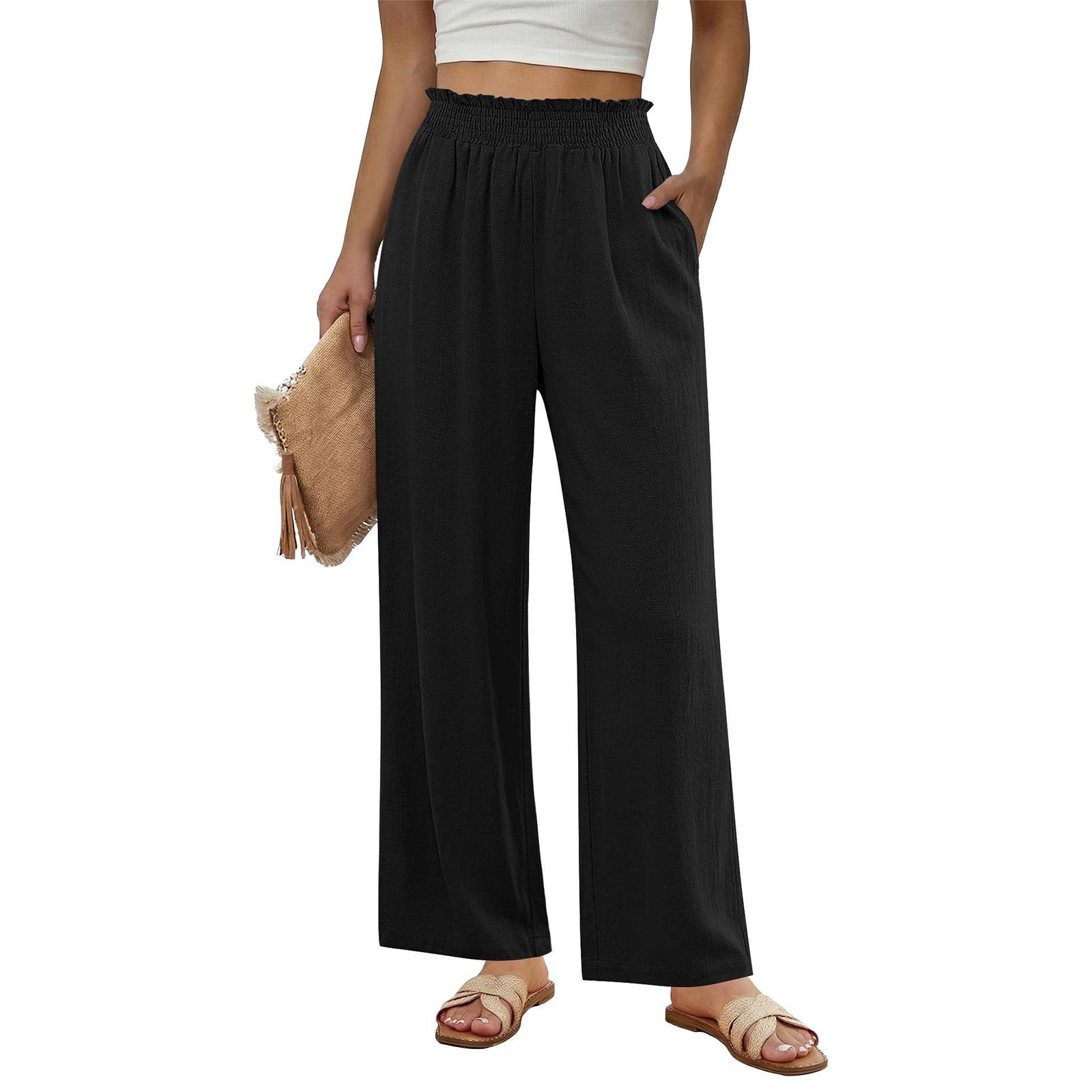 

Women s Wide-Leg Long Casual Pants: Cotton-Linen Blend With Waistband And Pockets L чёрный