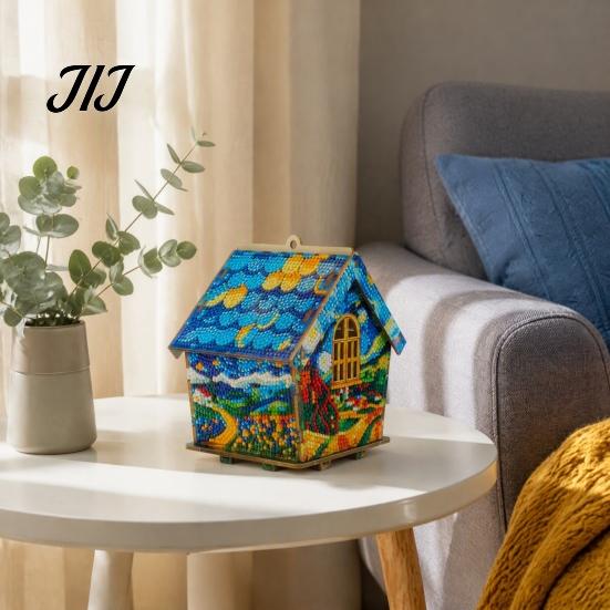 Artigianato da scrivania fatto a mano Kit Pittura con strass Casa di Natale 3D, Set Artigianale Fai da te Capanna Girasole in Legno, Ornamento Artistico Artigianale per Decorazione