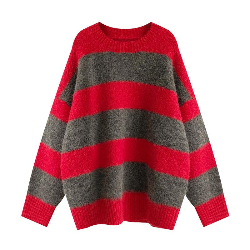 Color-blocking Striped Knitted Sweater for Women Loose and Casual Sweater Long-sleeved Trendy Pullover for Women Autumn and Winter