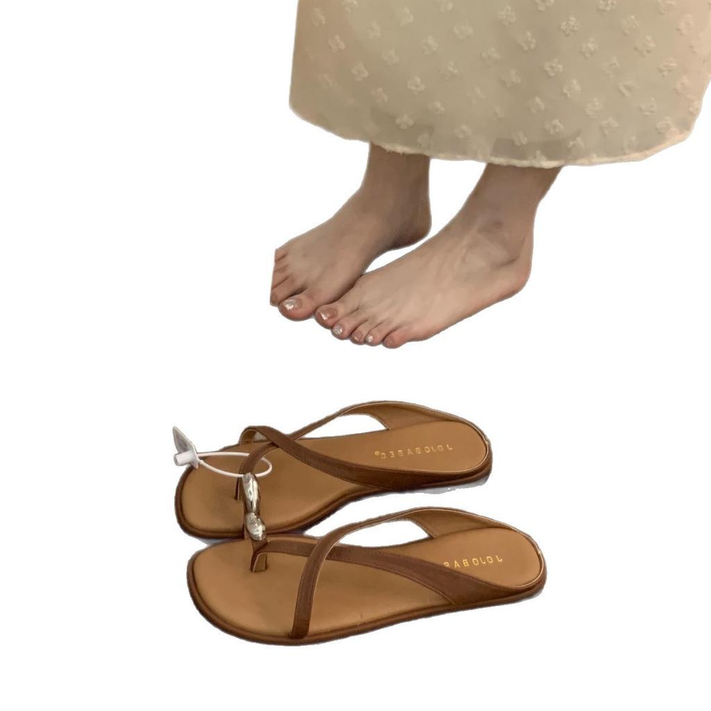 Late evening breeze retro brown premium open-toed sandals fairy shoes 2025 new summer flat-bottomed vacation cool slippers