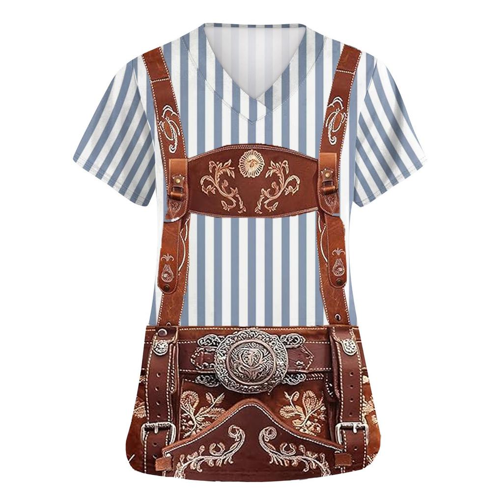 Women's V Neck Short Sleeve Work Shirt with Pockets Oktoberfest Print Top Medical Nurse Uniform Scrub Tee for Healthcare Professionals