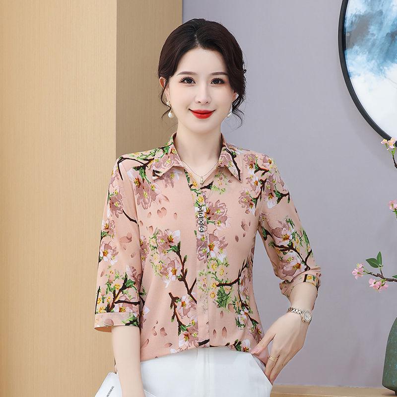 Women's Fashionable New Tops Seven-point Middle-aged Printed Shirt Floral