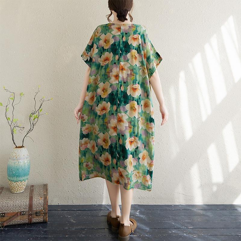 Real Shot Summer New Thin Cotton and Linen Literary Loose Short Sleeve Fat Mm Knee Dress Women's Clothing